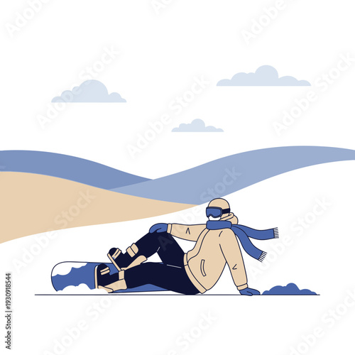 Winter Snowboarder Relaxing Amidst Scenic Mountain Landscape Illustration