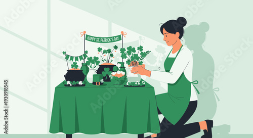 Woman Arranging Festive Plants For St Patricks Day Celebration