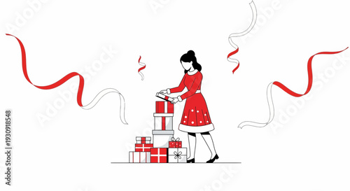 Woman Arranging Festive Presents With Ribbons On A White Background Holiday Concept