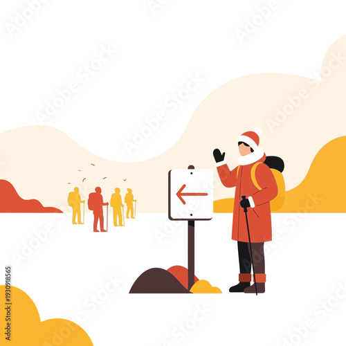 Winter Expedition Group Following Scenic Trail Marker Towards Adventure