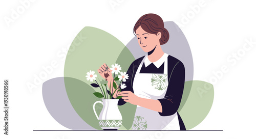 Woman Arranging Flowers In A Minimalist Style