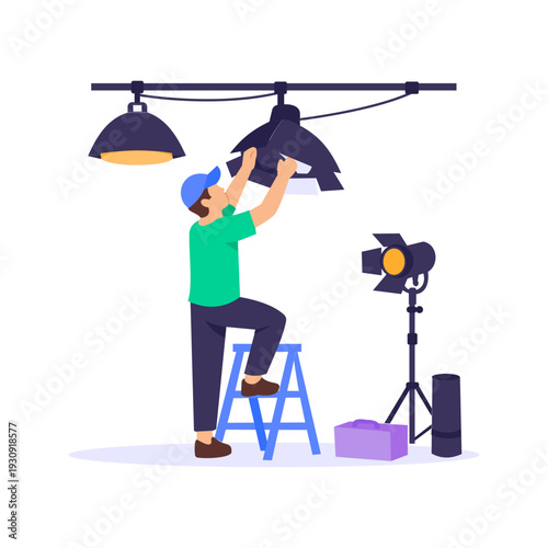 Lighting Setup, installing professional lighting for events, Flat vector character illustration