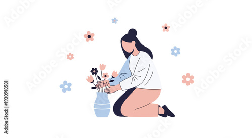 Woman Arranging Flowers In A Vase A Serene Domestic Scene
