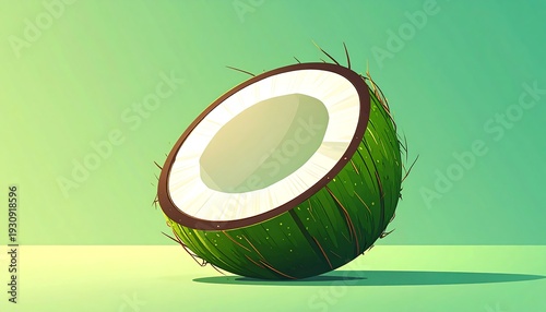 Sliced coconut half with green textured shell, creamy flesh, on matching background
