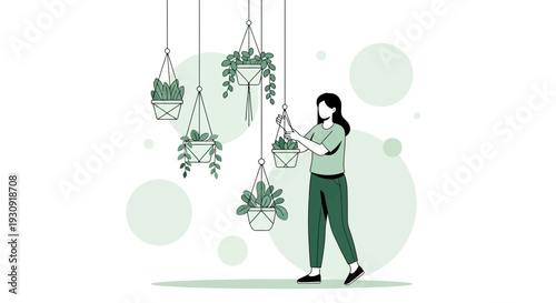 Woman Arranging Plants in Hanging Pots Illustrating Indoor Gardening and Home Decor