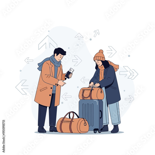 Winter Travel Preparations By Two People With Luggage