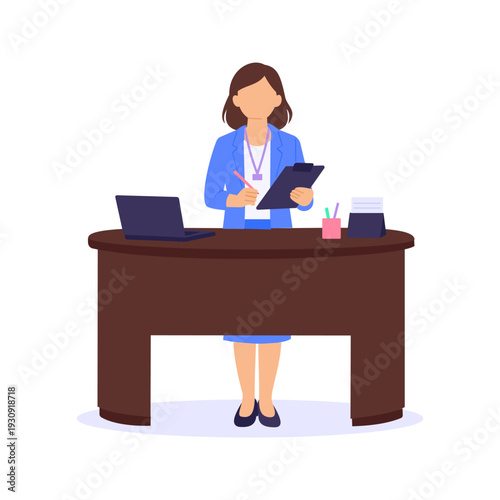 Welcome Desk Management, handling guest reception efficiently, Flat vector character illustration