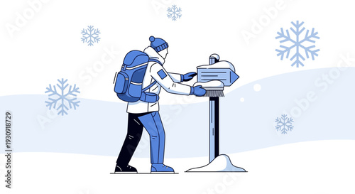 Winter Traveler Navigates Snowy Path With Backpack Clearing Directional Sign