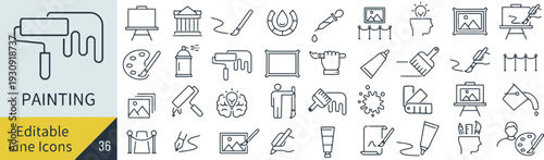 Painting and art editable line icons for creative process and artistic tools