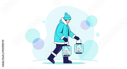 Winter Walker With Lanterns Creating Serene Atmosphere, Captivating Illustration