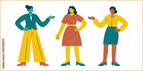 Three Stylish Women Standing and Talking: Casual Business and Social Interaction Vector Characters.
