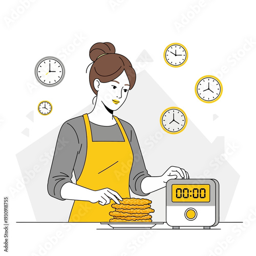 Woman Baking Delicious Pancakes While Monitoring Time With Multiple Clocks And Timer