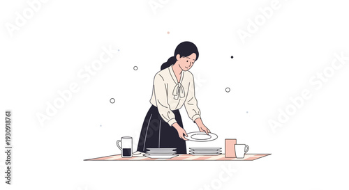 Woman Arranging Tableware Setting Plates and Mugs for Meal Preparation