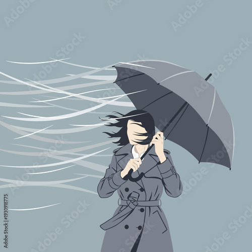Woman Battling Gale Force Winds Under a Treacherous Umbrella