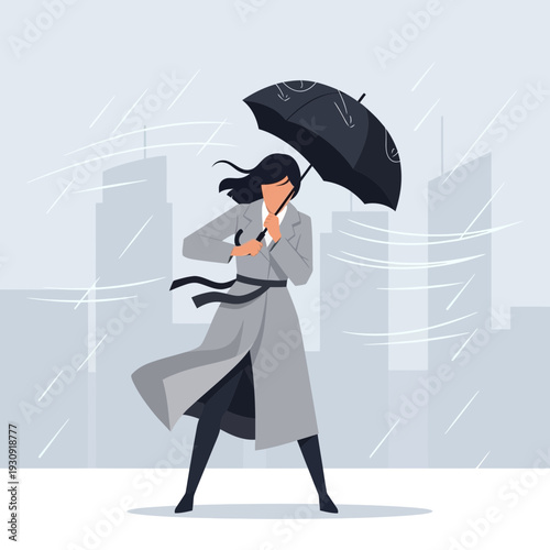Woman Battling Strong Winds And Rain Holding A Sturdy Umbrella In City