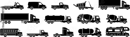 Black silhouette collection of commercial vehicles including school bus cement mixer tow truck delivery van and semi trailers isolated on white background for industrial design