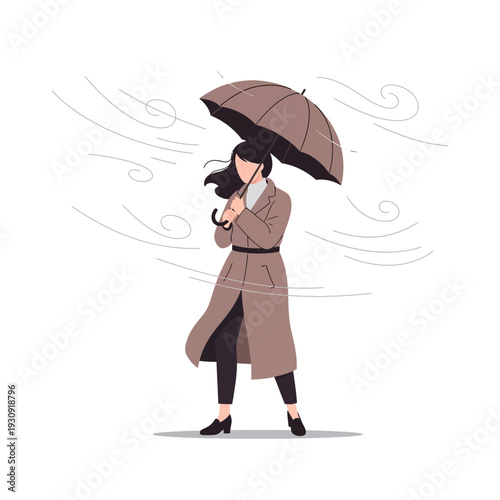 Woman Battling Strong Winds Under an Umbrella on a Stormy Day