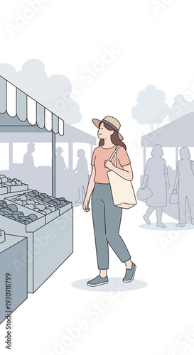 Woman Browsing Fresh Produce at Farmers Market With Eco-Friendly Tote Bag, Sunny Day