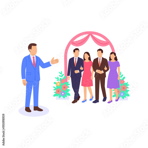 Guest Assistance, helping visitors during event smoothly, Flat vector character illustration