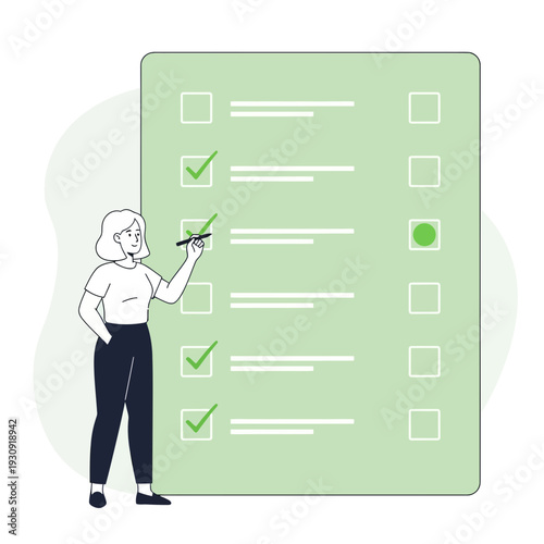 Woman Checking Off Tasks On A Large Green Checklist Board
