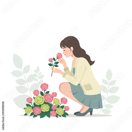 Woman Appreciating Fragrant Rose Bouquet Garden Bloom Serenity Moment
