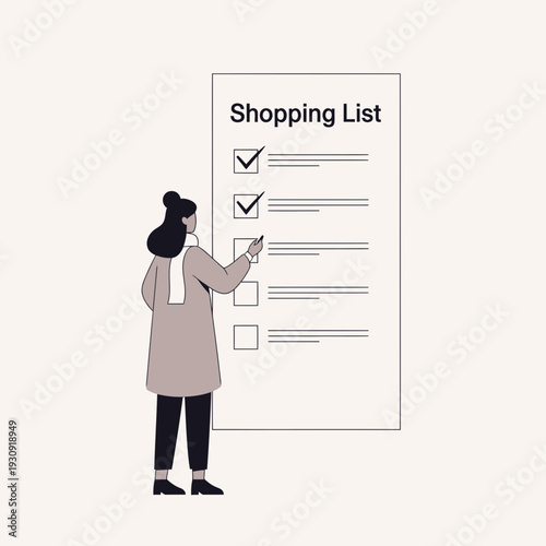 Woman Checking Items On A Detailed Shopping List Illustration