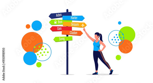 Woman Choosing Direction At Signpost With Multiple Destinations For Travel And Lifestyle