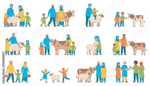 Muslim families celebrate Eid al-Adha with sacrificial animals, children interacting joyfully with sheep and cows, and sharing festive meals.