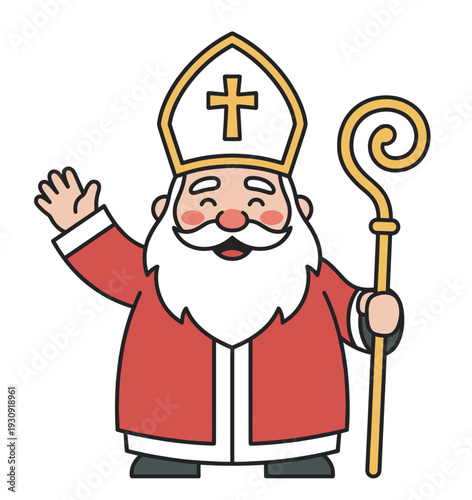 Cheerful bishop character waving hand holding golden crozier, dressed in traditional red and white robes with a miter and cross, smiling.