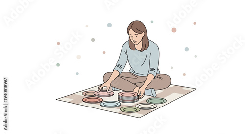 Woman Arranging And Stacking Clean Plates On The Floor After A Meal Or Activity