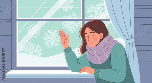 Woman Appreciating The Winter Weather While Looking Through The Window Happily