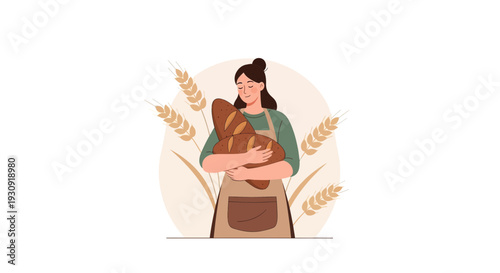 Woman Cherishing Freshly Baked Bread Amidst Wheat Fields