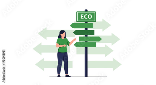 Woman Choosing Environmental Pathway: Eco-Friendly Choices and Directional Signs