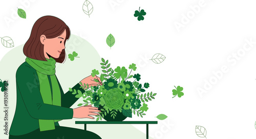 Woman Arranging A Vibrant Green Floral Display For A Festive Occasion