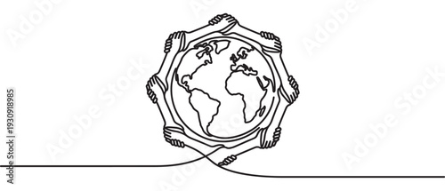Hands holding around globe symbolize global unity and cooperation for environmental protection and a sustainable future for all humanity.