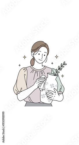 Woman Cleaning A Decorative Vase With A Plant Branch Interior Decor Elegance