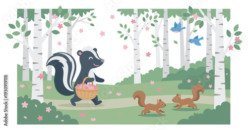Cute cartoon skunk carries a basket of pink flowers through a whimsical spring forest with birch trees and playful squirrels.