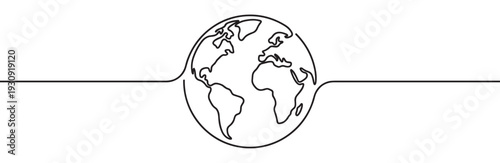 Continuous line drawing Earth globe illustration concept representing global connection, travel, and environmental awareness with a minimalist design.