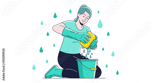 Woman Cleaning With Sponge And Bucket Domestic Housework And Chores Concept