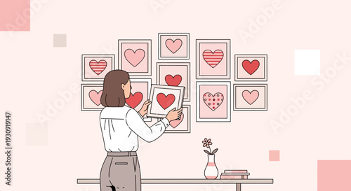 Woman Decorating A Wall With Heart Pictures As A Celebration Of Love And Romance