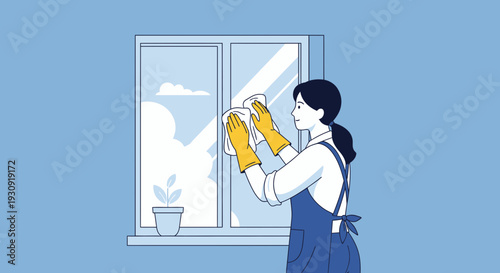 Woman Cleans Window, Bringing Freshness to Home or Office, Minimalist Design Style