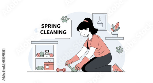 Woman Doing Spring Cleaning With Pet Supplies And Decorative Elements