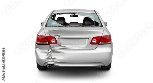 Silver sedan car with significant rear end damage and broken windows