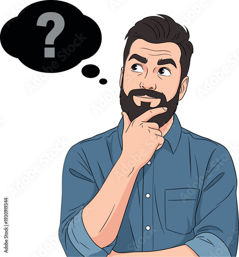Confused man character thinking with a question mark bubble in flat vector style