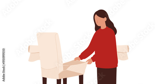 Woman Dressed In Red Sweater Applying Protective Seat Cover To Chair