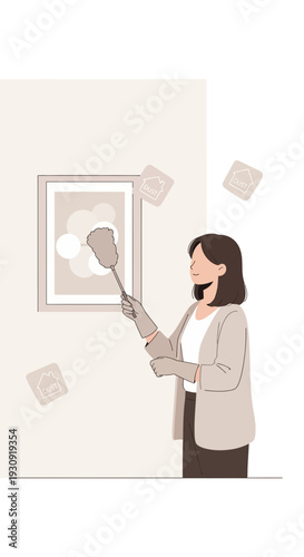Woman Dusting Artwork in a Modern Minimalist Home Setting