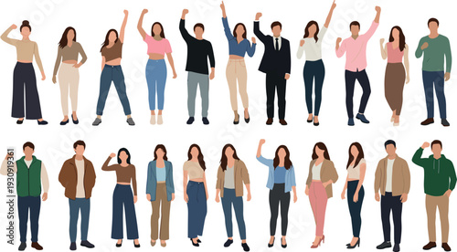 Collection of diverse people standing in various poses and casual outfits isolated on white background