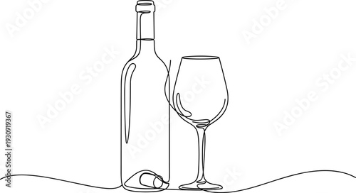 One continuous line drawing of wine bottle and glass for minimalist restaurant menu bar logo or winery branding flat vector