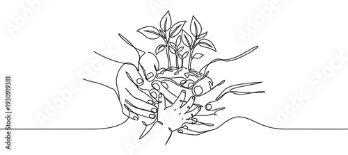 Multiple hands holding plant sprouts with soil, representing environmental care, family support, and the promise of a sustainable future.