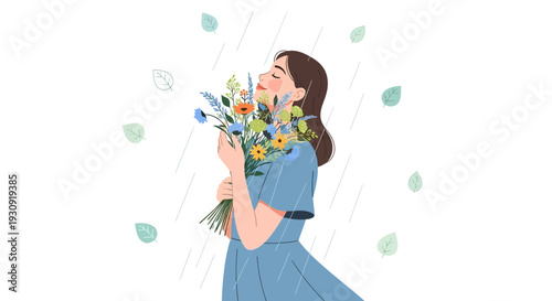 Woman Embraces Joyful Moments With Flowers Under Gentle Rain, Finding Serenity